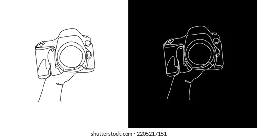 continuous line of hands holding the camera body. hand line art holding camera body without lens