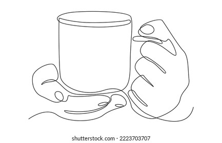 Continuous line of hands holding a coffee cup