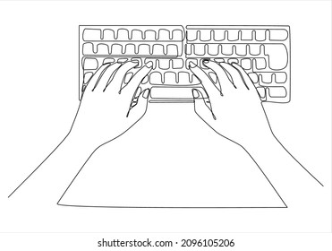 
continuous line of hands holding a computer keyboard