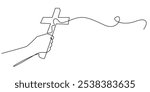 continuous line of hands holding a cross.one line drawing of a hand holding a jesus cross.single line vector illustration of christian and catholic religious beliefs.isolated white background