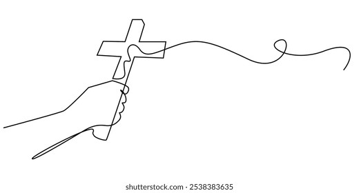 continuous line of hands holding a cross.one line drawing of a hand holding a jesus cross.single line vector illustration of christian and catholic religious beliefs.isolated white background