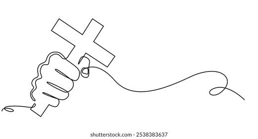 Línea continua de manos sosteniendo una cruz. Dibujo de una línea de una mano sosteniendo una cruz de Jesús. Ilustración vectorial de una línea de creencias religiosas cristianas y católicas. Fondo blanco aislado