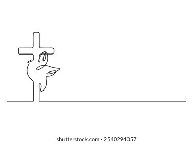 Línea continua de manos sosteniendo una cruz. Dibujo de una sola línea de una mano sosteniendo una cruz de Jesús. Ilustración vectorial de una sola línea de creencias religiosas cristianas y católicas. Fondo blanco aislado