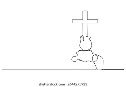continuous line of hands holding a cross.one line drawing of a hand holding a jesus cross.single line vector illustration of christian and catholic religious beliefs.isolated white background