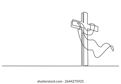 continuous line of hands holding a cross.one line drawing of a hand holding a jesus cross.single line vector illustration of christian and catholic religious beliefs.isolated white background