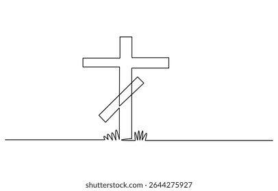 continuous line of hands holding a cross.one line drawing of a hand holding a jesus cross.single line vector illustration of christian and catholic religious beliefs.isolated white background