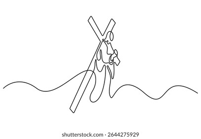 continuous line of hands holding a cross.one line drawing of a hand holding a jesus cross.single line vector illustration of christian and catholic religious beliefs.isolated white background