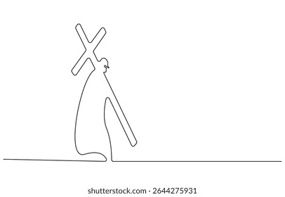 continuous line of hands holding a cross.one line drawing of a hand holding a jesus cross.single line vector illustration of christian and catholic religious beliefs.isolated white background