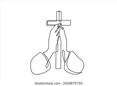 Linha contínua de mãos segurando uma cruz. Um desenho de uma mão segurando uma cruz de jesus. Crenças religiosas cristãs e católicas. Vetor de uma linha desenhado à mão. Traçado editável