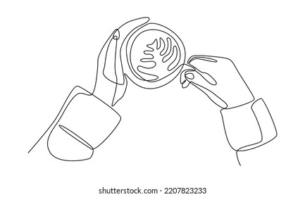 continuous line of hands holding a cup of hot coffee