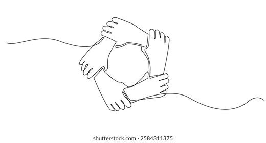 continuous line of hands holding each other and connected.drawing of one line of hands connected to each other as a sign of teamwork.single line vector illustration