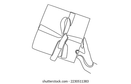 continuous line of hands holding kraft gift box tied with ribbon