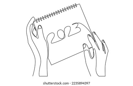 continuous line of hands holding loose-leaf calendar