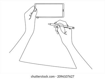 
continuous line of hands holding pen and smartphone