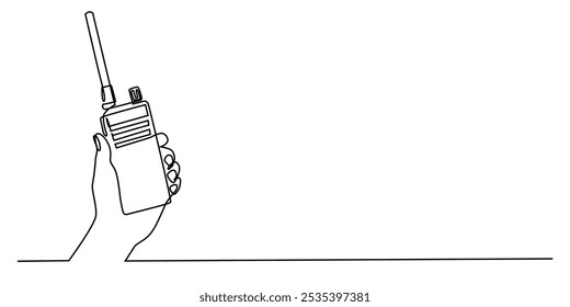 continuous line of hands holding walkie talkie.one line drawing making a call via walkie talkie.walkie talkie 
 for police,industry,company.single line vector illustration.isolated white background