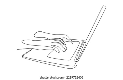 continuous line of hands operating a computer