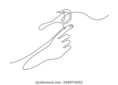 continuous line of hands of people and birds. one line drawing of a bird perched on hand.tame bird,pet bird.single line vector illustration.isolated white background