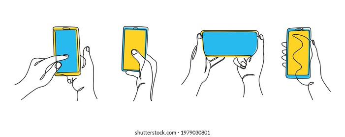 Continuous line hands with phones. One line phones in portrait and landscape modes, hands using smartphones. Vector set