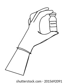 línea continua Manos con guantes sosteniendo tubos de ensayo con la vacuna del virus COVID-19. Salud y concepto médico.