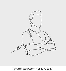 Continuous line, Handsome young business man with crossed arms. Drawing of set People. (Vector illustration one line drawing)