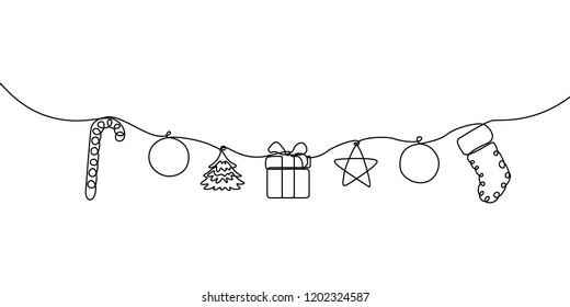 Continuous line hanging candy  ball  christmas tree  gift box  star   sock  Merry Christmas   Happy New Year theme  Vector illustration  