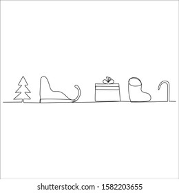 Continuous line hanging , christmas tree, snowdrifts, gift box, sock and candy Merry Christmas and Happy New Year theme. Vector illustration.