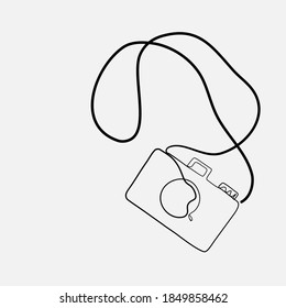 Continuous line, Hanging vintage camera. Drawing of set Photograph. (Vector illustration one line drawing)