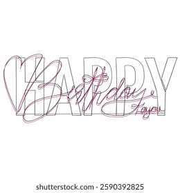 continuous line Happy Birthday lettering text banner  black color. Vector illustration.
