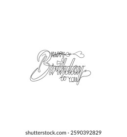  continuous line Happy Birthday lettering text banner  black color. Vector illustration.