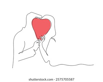 Continuous line of happy couple. Vector single line of man and woman holding heart balloon. Couple holding love symbol. Isolated white background. Hand made vector not AI 