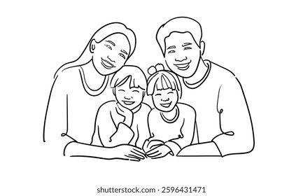 Continuous line happy family with 2 children on white background. Parents walk with two sons. Line art drawing. Vector illustration