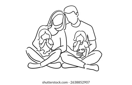 Continuous line happy family with 2 children on white background. Parents with two sons. Line art drawing. Vector illustration	
