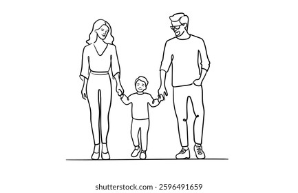 Continuous line happy family with children on white background. Parents walk with son. Line art drawing. Vector illustration
