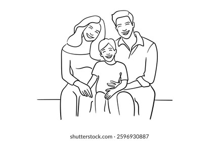 Continuous line happy family with children on white background. Parents walk with son. Line art drawing. Vector illustration