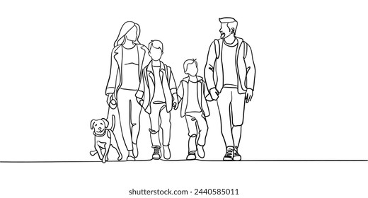 Línea continua familia feliz con perro sobre fondo blanco. Los padres caminan con dos hijos. Dibujo de arte lineal. Ilustración de vector 