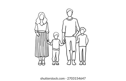 Linha contínua família feliz no fundo branco. Os pais andam com filhos. Desenho de arte. Ilustração vetorial	
