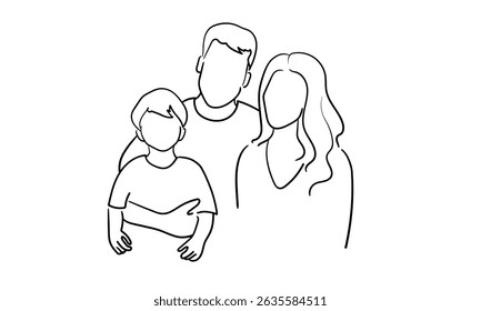 Continuous line happy family with son on white background. Parents with son. Line art drawing. Vector illustration	