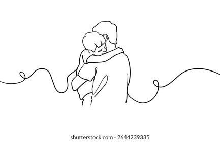 Continuous line happy father hugs his son on white background. Parents with baby outline. Line art drawing. Vector illustration	