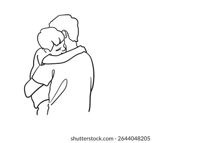 Linha contínua pai feliz com filho sobre fundo branco. Pais com bebê. Desenho de arte. Ilustração vetorial	