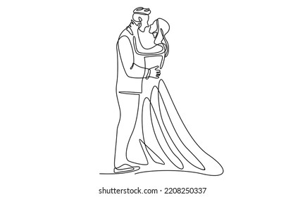 Continuous line of happy married man and woman. Romantic young wedding couple