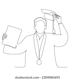 
continuous line of happy men graduating with diploma