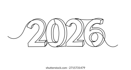 Línea continua Feliz Año Nuevo 2026. Decorativo Una línea Dibujo Año Nuevo 2026. Fondo del elemento y Anuncio Año Nuevo 2026. Ilustración vectorial de una sola línea