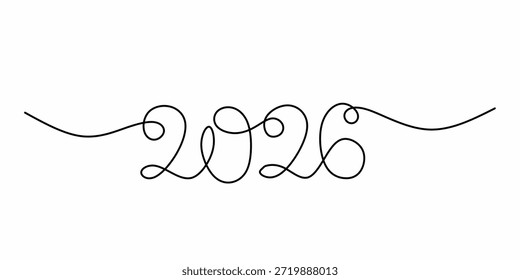 continuous line happy new year 2026. black ribbon continues line. vector Illustration on white background