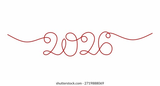 Línea continua Feliz Año Nuevo 2026. La cinta roja continúa la línea. Ilustración vectorial sobre fondo blanco
