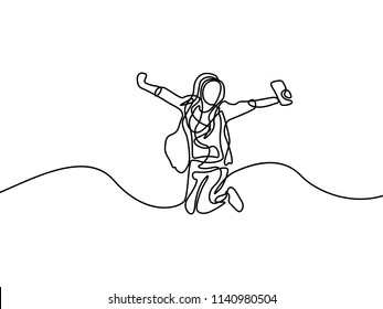 Continuous Line Happy Student Girl Jumping. First Day Of College. Vector Illustration.