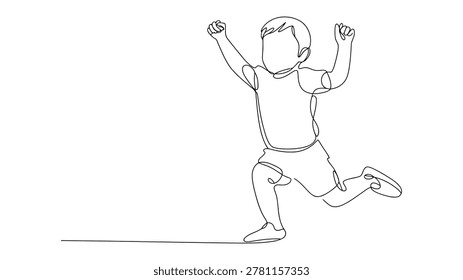 Continuous line of a happy young child running with arms raised in a joyful and energetic movement