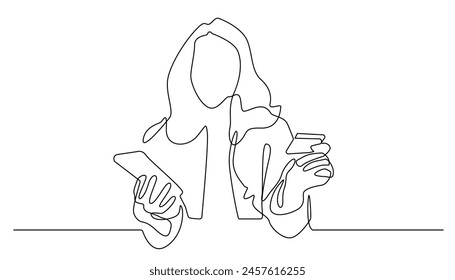 continuous line of happy young woman making online payment.one line drawing of woman holding payment card and hadphone.isolated white background