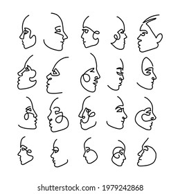 Continuous line head prifile drawing collection . Set of faces silhouettes. Abstract portrait. Girls One line illustration. Fashion concept, woman beauty minimalist. Trendy vector hand drawn style.