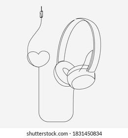 Continuous line, Headphones and heart. Drawing of set Music. (Vector illustration one line drawing)