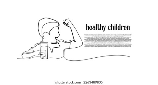 continuous line of healthy children. single line of child drinking milk.